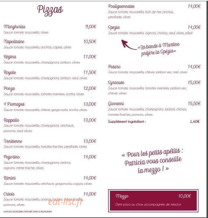 Carte et menu de La pizzéria des halles à Le Pouliguen — Pizzas