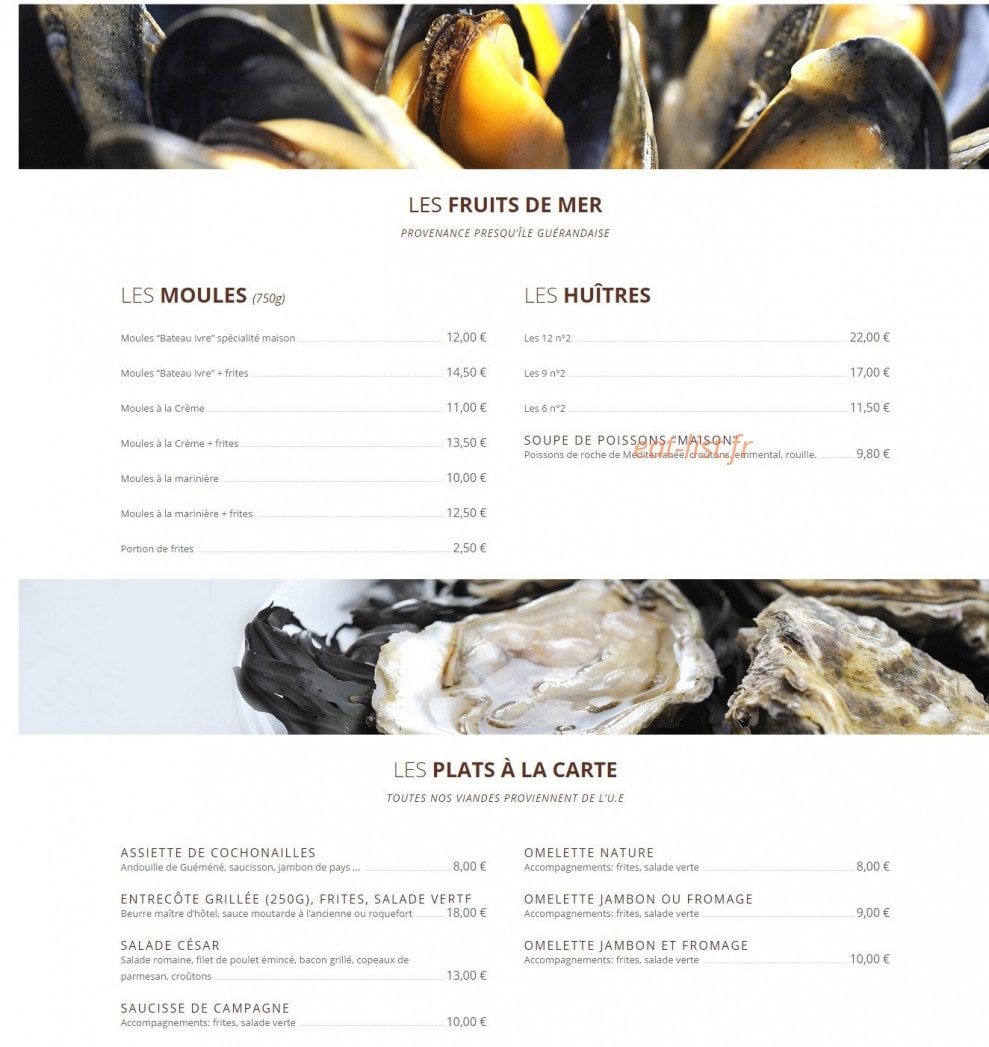 Carte et menu de Le Bateau Ivre à Le Pouliguen — les fruits de mer et les plats