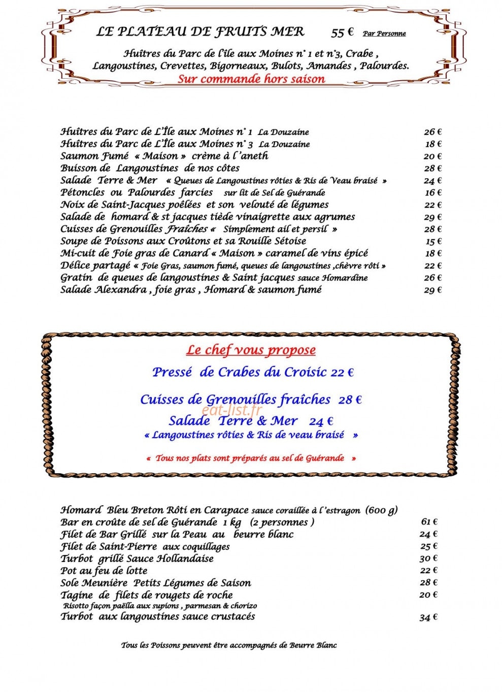 Carte et menu de Le Duguay Trouin à Le Pouliguen — Le plateau