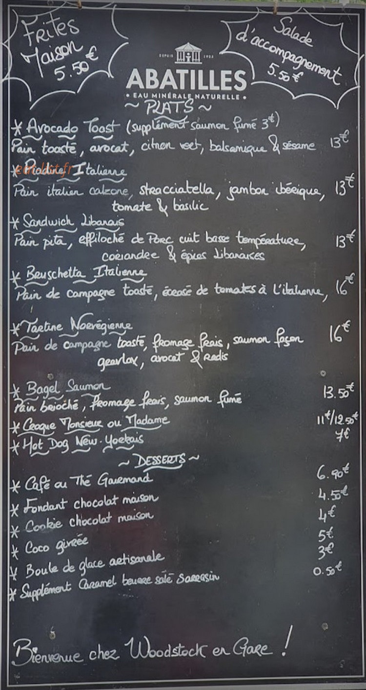 Carte et menu de Woodstock En Gare à Le Pouliguen — Exemple de menu