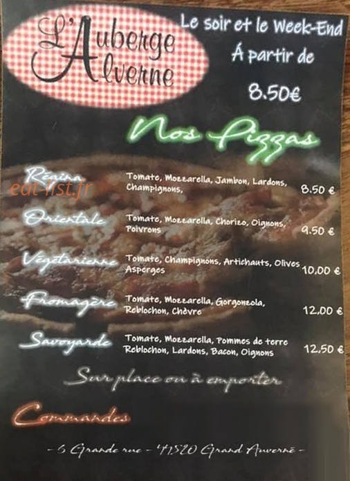 Carte et menu de L'auberge Alverne à Grand Auverne — Les pizzas