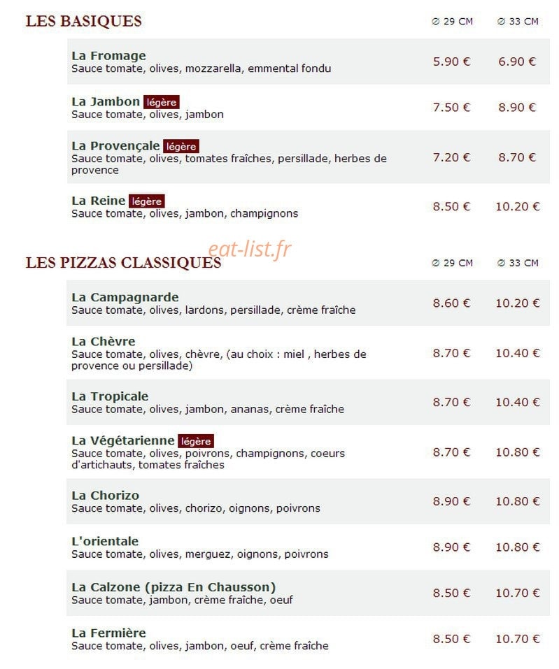 Le Kiosque à Pizzas — carte page 1