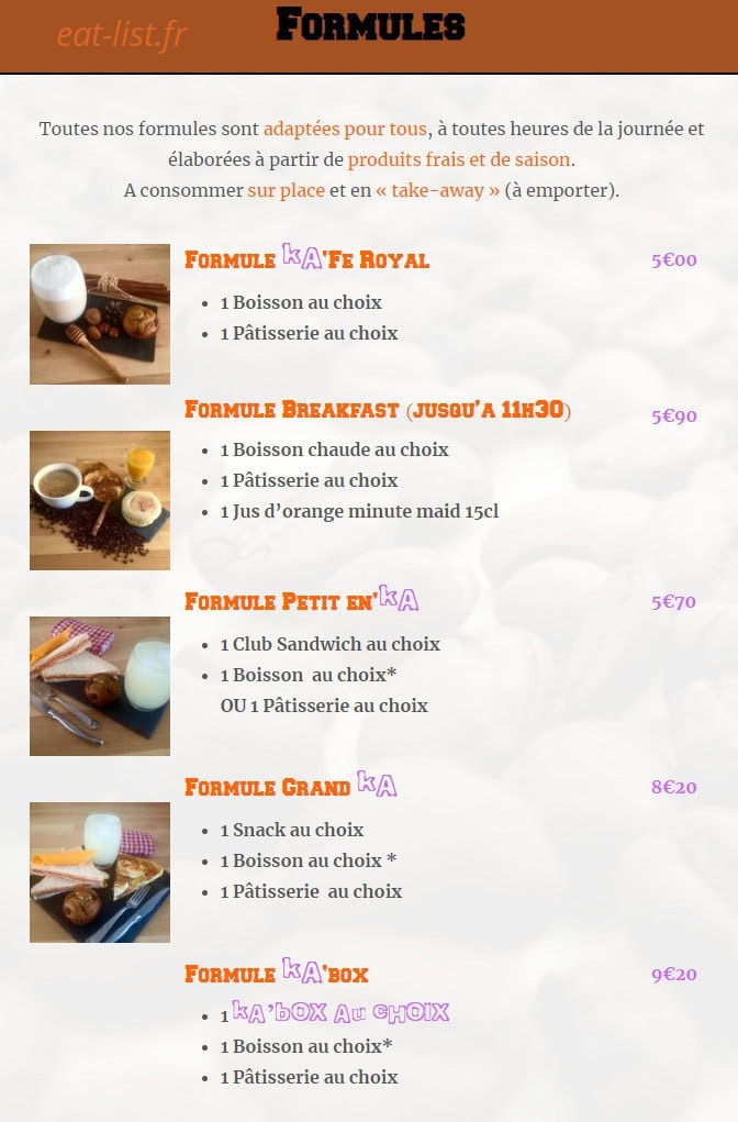 KA Coffee Shop — carte page 1