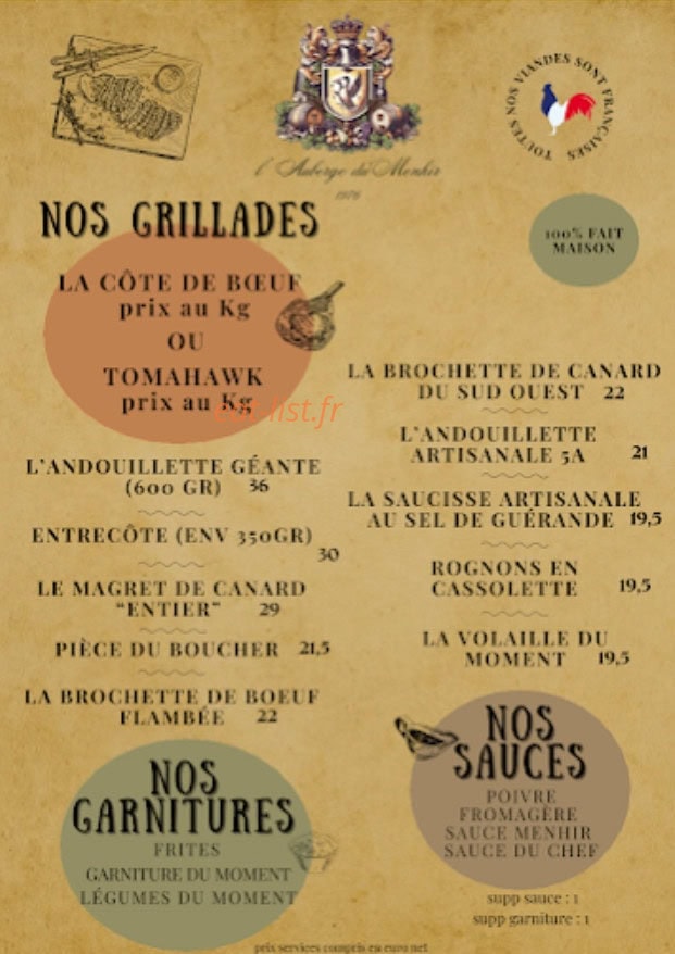 Carte et menu de L'Auberge du Menhir à Saint Nazaire — Grillades et garnitures