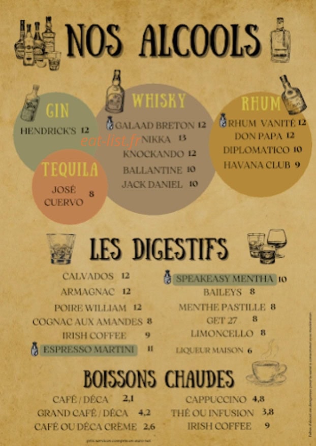 Carte et menu de L'Auberge du Menhir à Saint Nazaire — Alcools