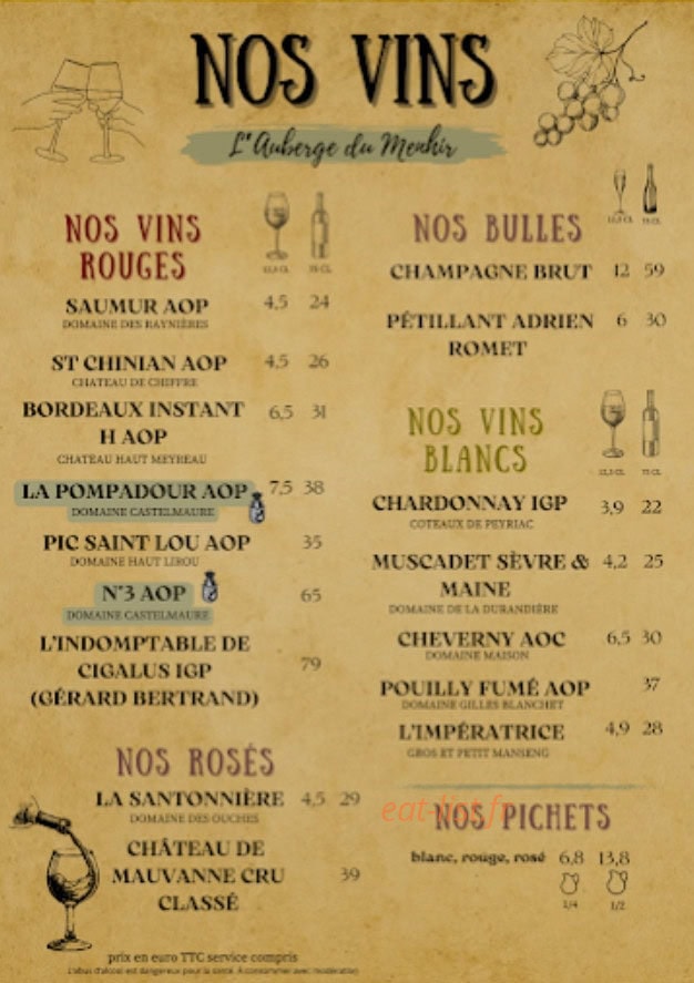 Carte et menu de L'Auberge du Menhir à Saint Nazaire — Vins