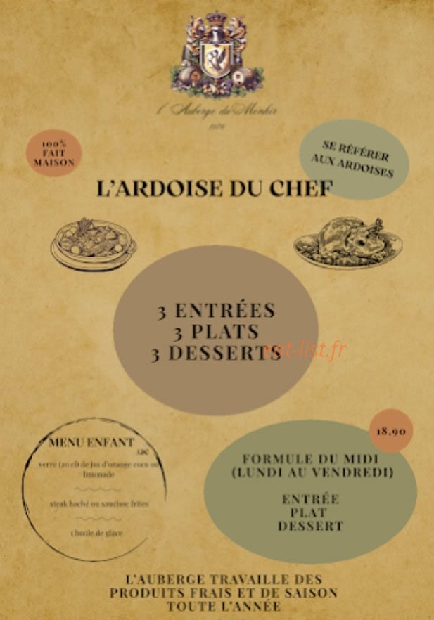 Carte et menu de L'Auberge du Menhir à Saint Nazaire — Ardoise du chef