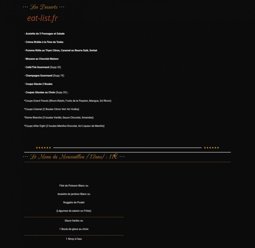 Carte et menu de Le Bistrot du Grand Pavois à Saint Nazaire — Les desserts et menu enfant