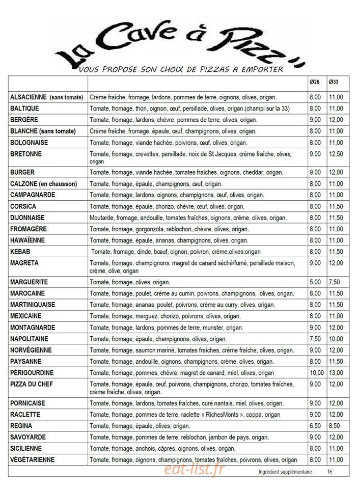 La Cave à Pizz — carte page 1