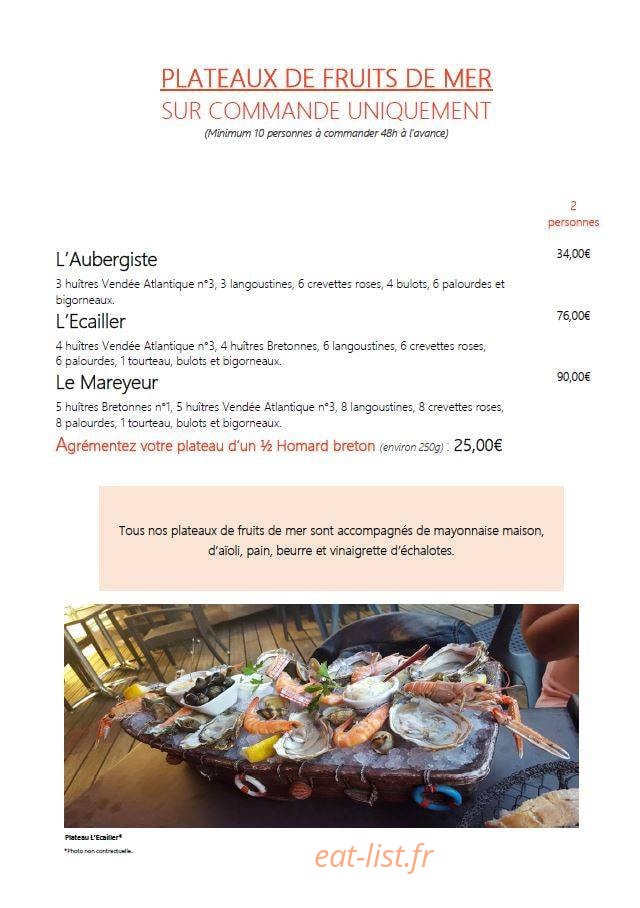 Carte et menu de Auberge du Pays de Retz à Port Saint Pere — Plateaux de fruits de mer