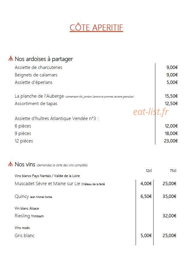 Carte et menu de Auberge du Pays de Retz à Port Saint Pere — Ardoise à partager et vins