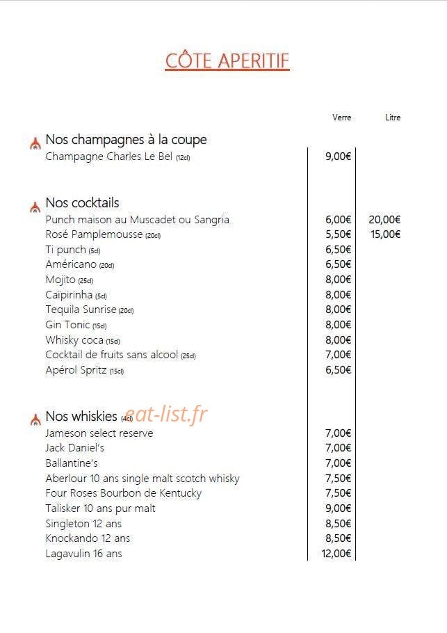 Carte et menu de Auberge du Pays de Retz à Port Saint Pere — Champagnes à la coupe, cocktails et whiskies