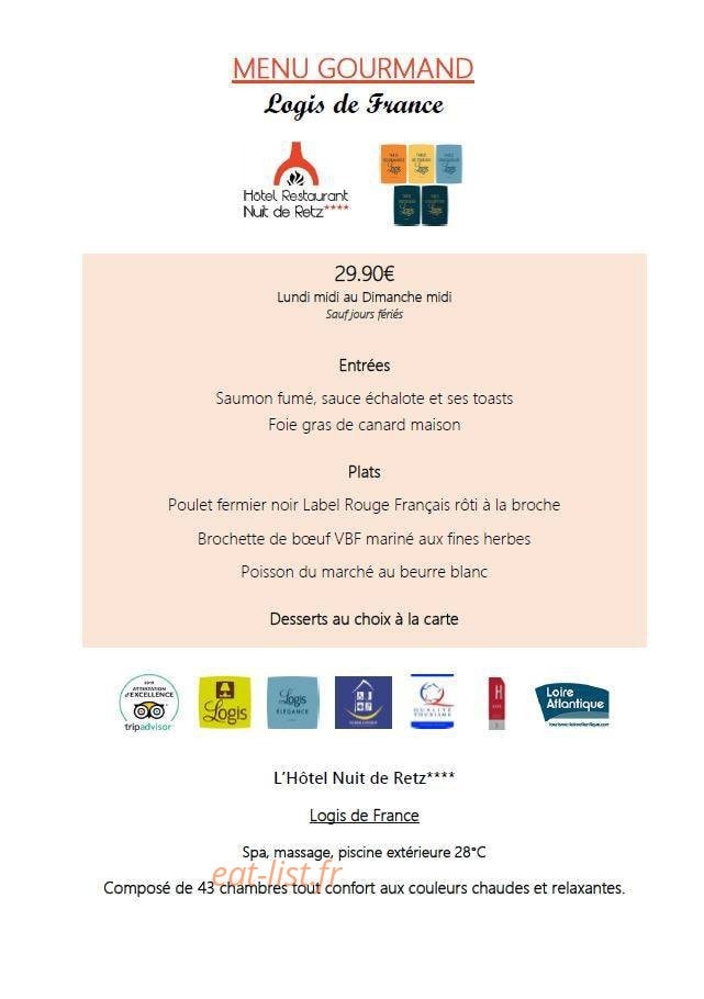 Carte et menu de Auberge du Pays de Retz à Port Saint Pere — Menu gourmand