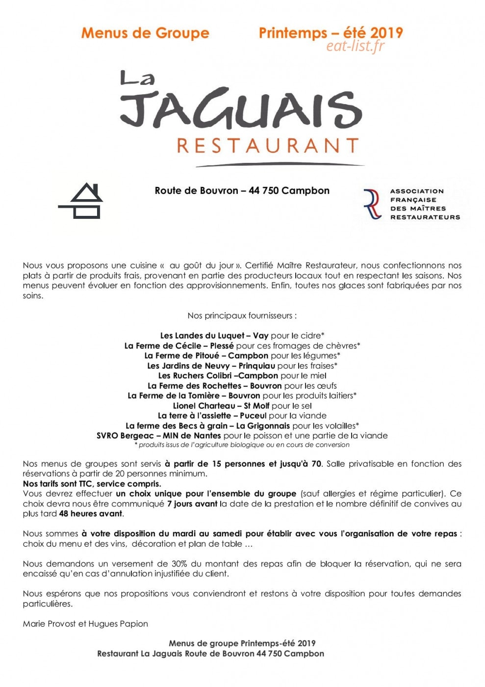 Restaurant La Jaguais — carte page 1