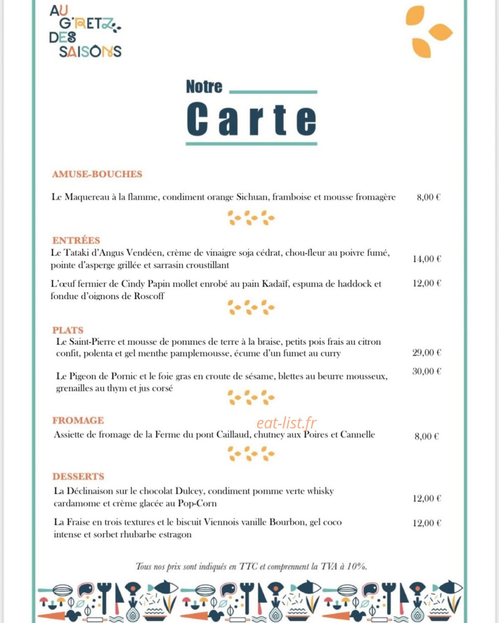 Carte et menu de Au G'Retz des Saisons à La Bernerie en Retz — La carte