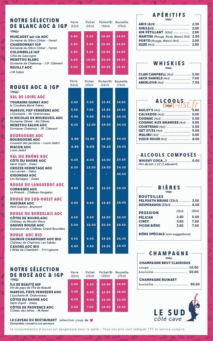 Carte et menu de Le Sud à La Bernerie en Retz — Vins