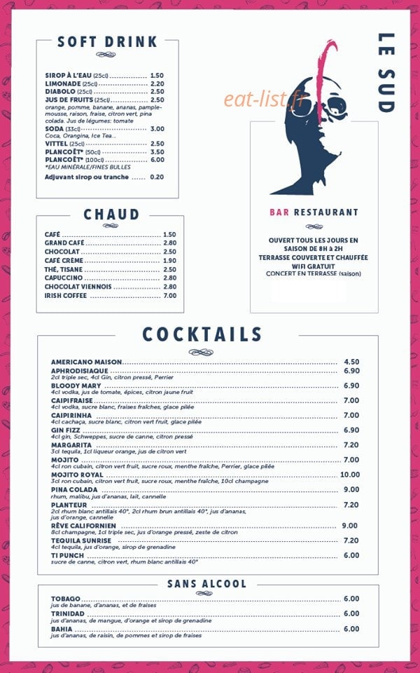Carte et menu de Le Sud à La Bernerie en Retz — Soft drink, chaud et cocktails