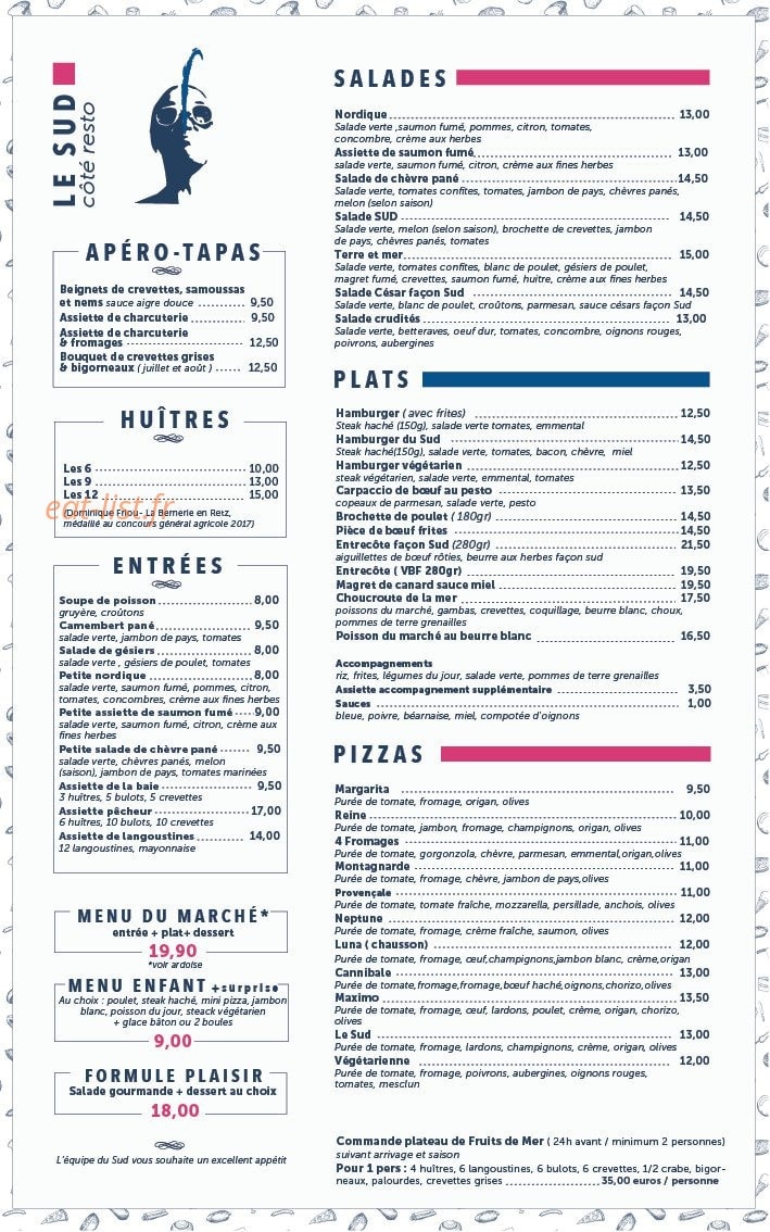 Carte et menu de Le Sud à La Bernerie en Retz — Apéro, huîtres, entrées,...