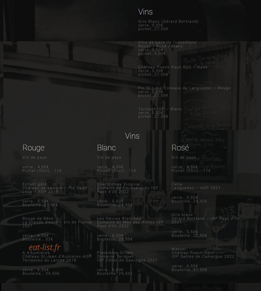 Carte et menu de Le Petit Mousse à La Plaine sur Mer — Les vins