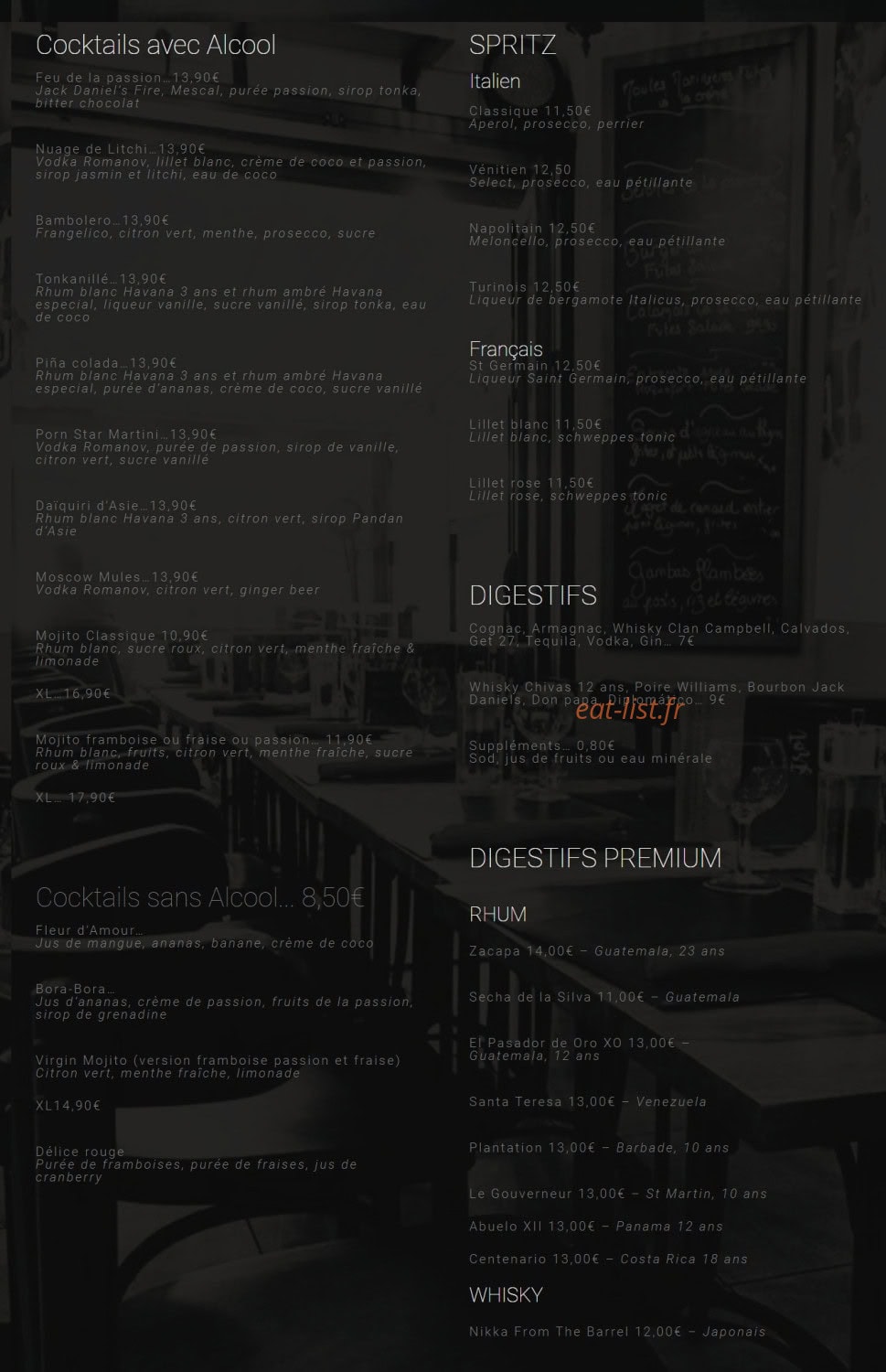 Carte et menu de Le Petit Mousse à La Plaine sur Mer — Les cocktails avec Alcool, spritz et digestifs, ...