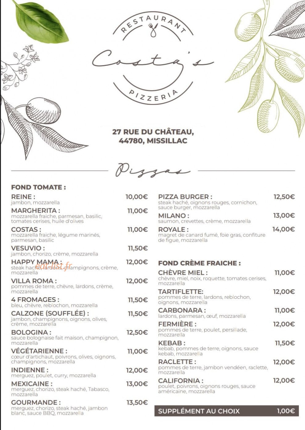 Costa's — carte page 1