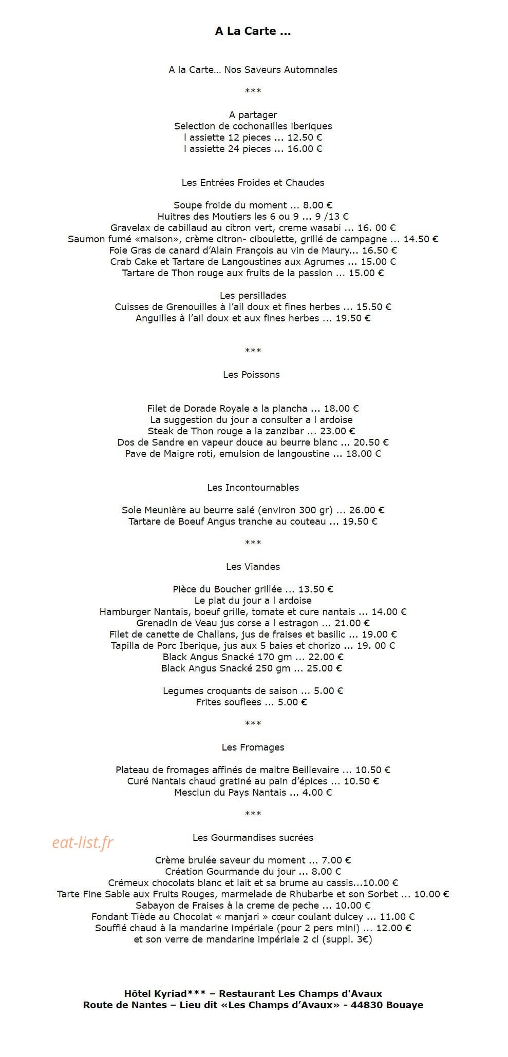 Restaurant Les Champs d'Avaux — carte page 1