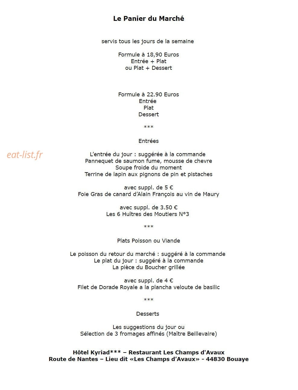 Restaurant Les Champs d'Avaux — carte page 2