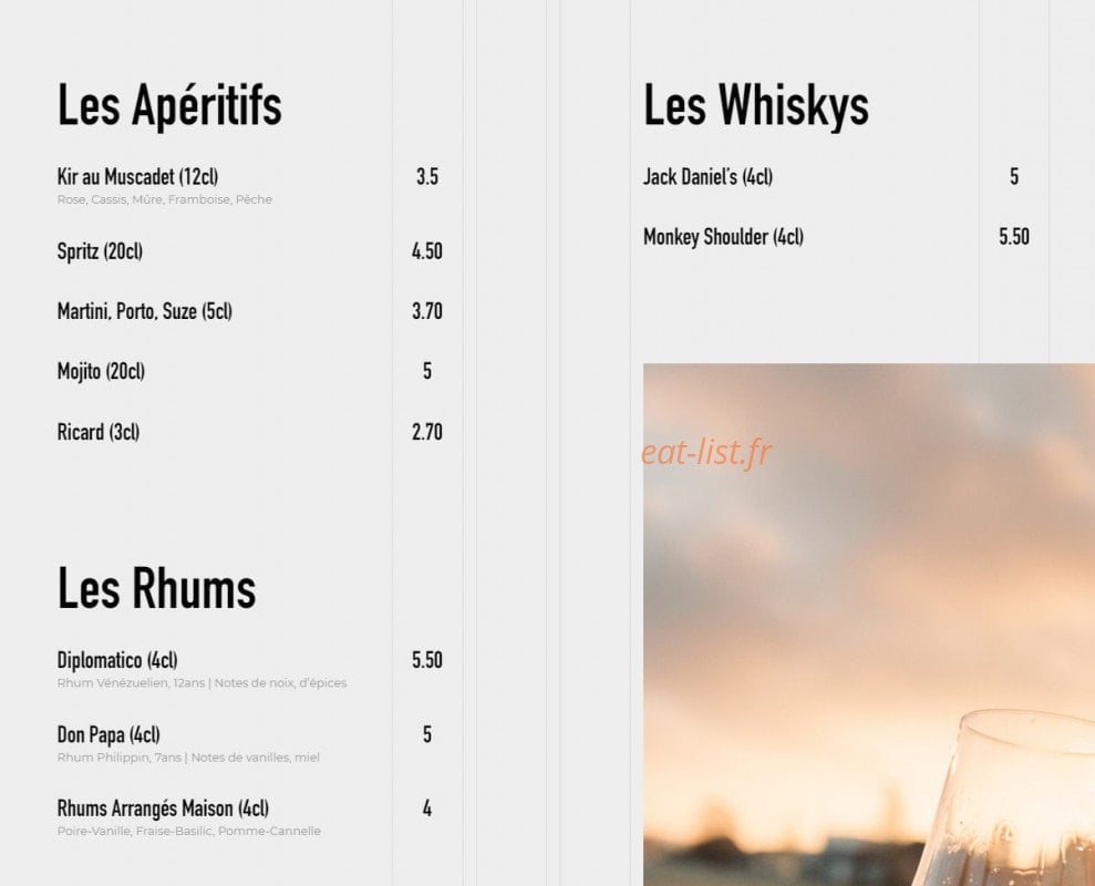 Carte et menu de Brasserie l'idealiste à Sainte Luce sur Loire — Les apéritifs, rhums et whiskys