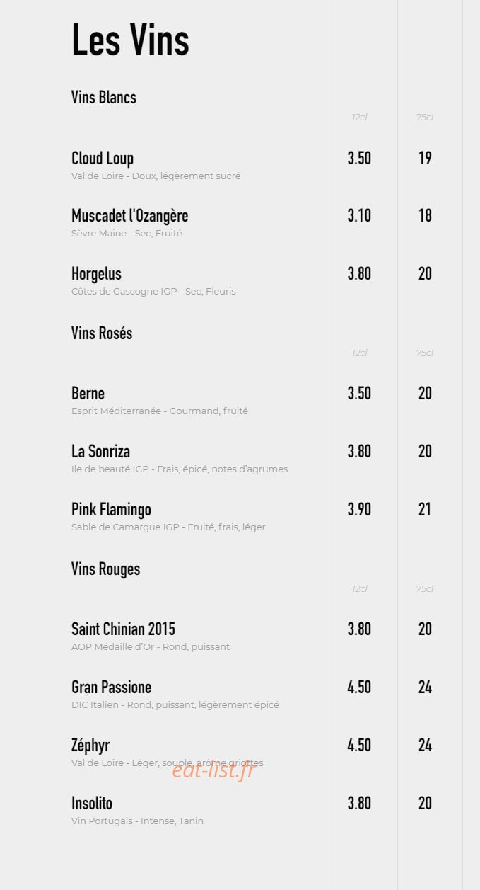 Carte et menu de Brasserie l'idealiste à Sainte Luce sur Loire — Les vins