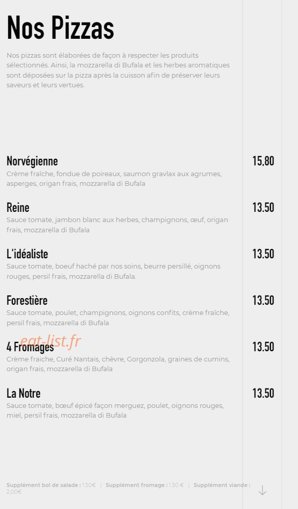 Carte et menu de Brasserie l'idealiste à Sainte Luce sur Loire — Les pizzas