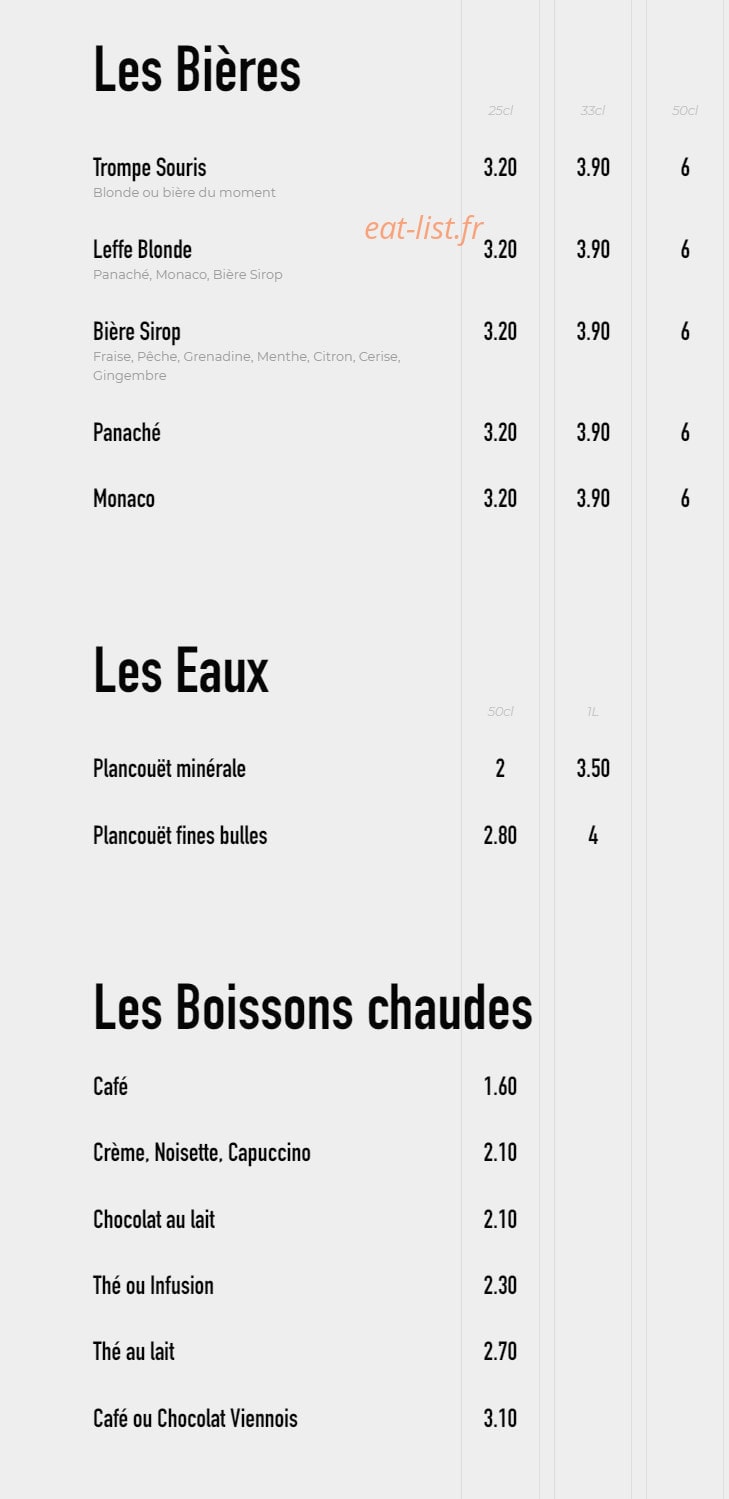 Carte et menu de Brasserie l'idealiste à Sainte Luce sur Loire — Les bières, eaux et boissons chaudes