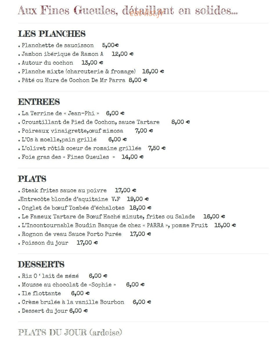 Aux Fines Gueules — carte page 1