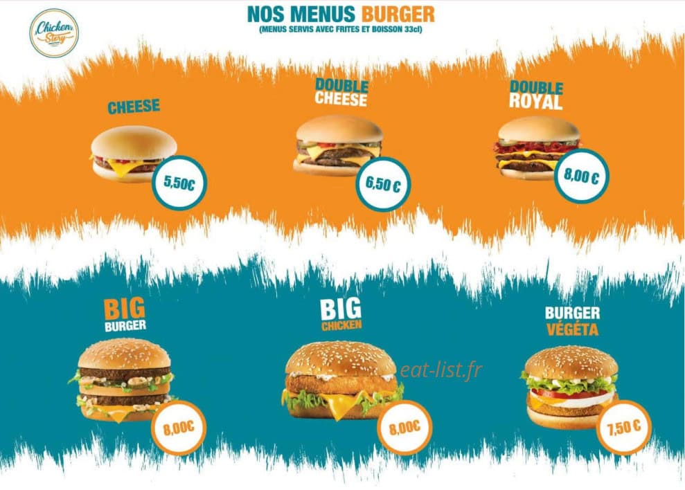 Carte et menu de Chicken story à Orleans — Menu burger