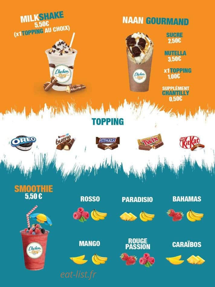 Carte et menu de Chicken story à Orleans — Milkshake et smoothie