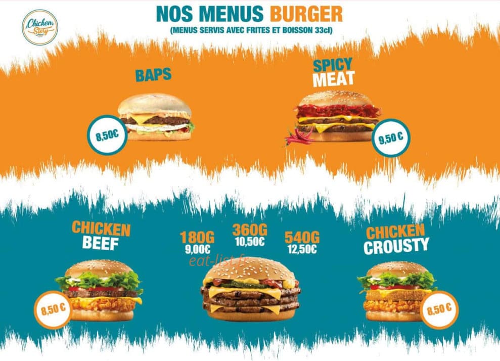 Carte et menu de Chicken story à Orleans — Menu burger page 2