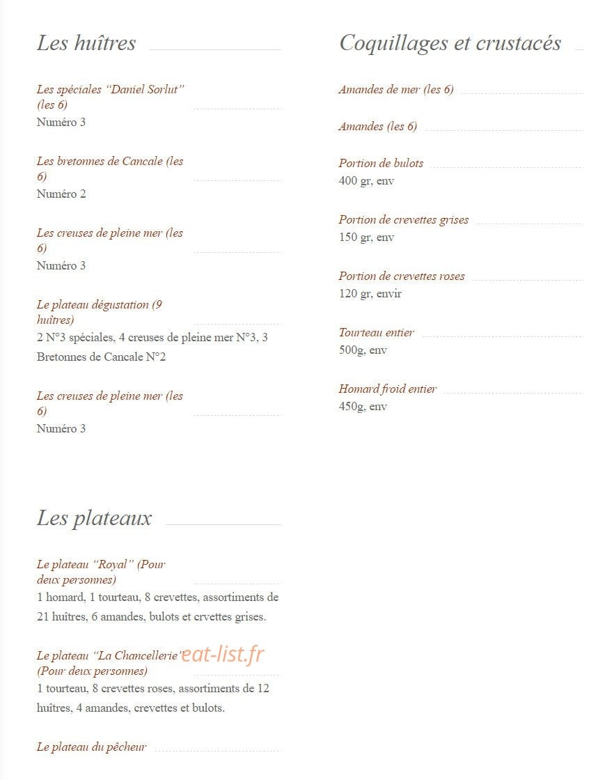 Carte et menu de La Chancellerie à Orleans — Les huîtres, coquillages,crustacés,...