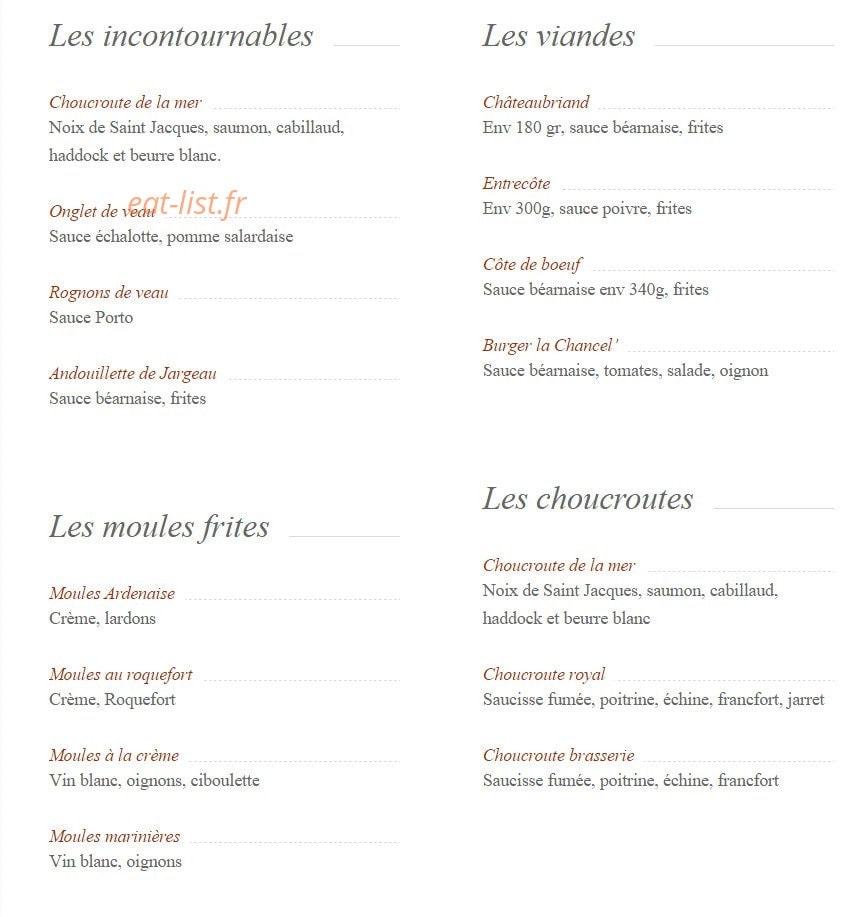Carte et menu de La Chancellerie à Orleans — Les incontournables, choucroutes, viandes,....