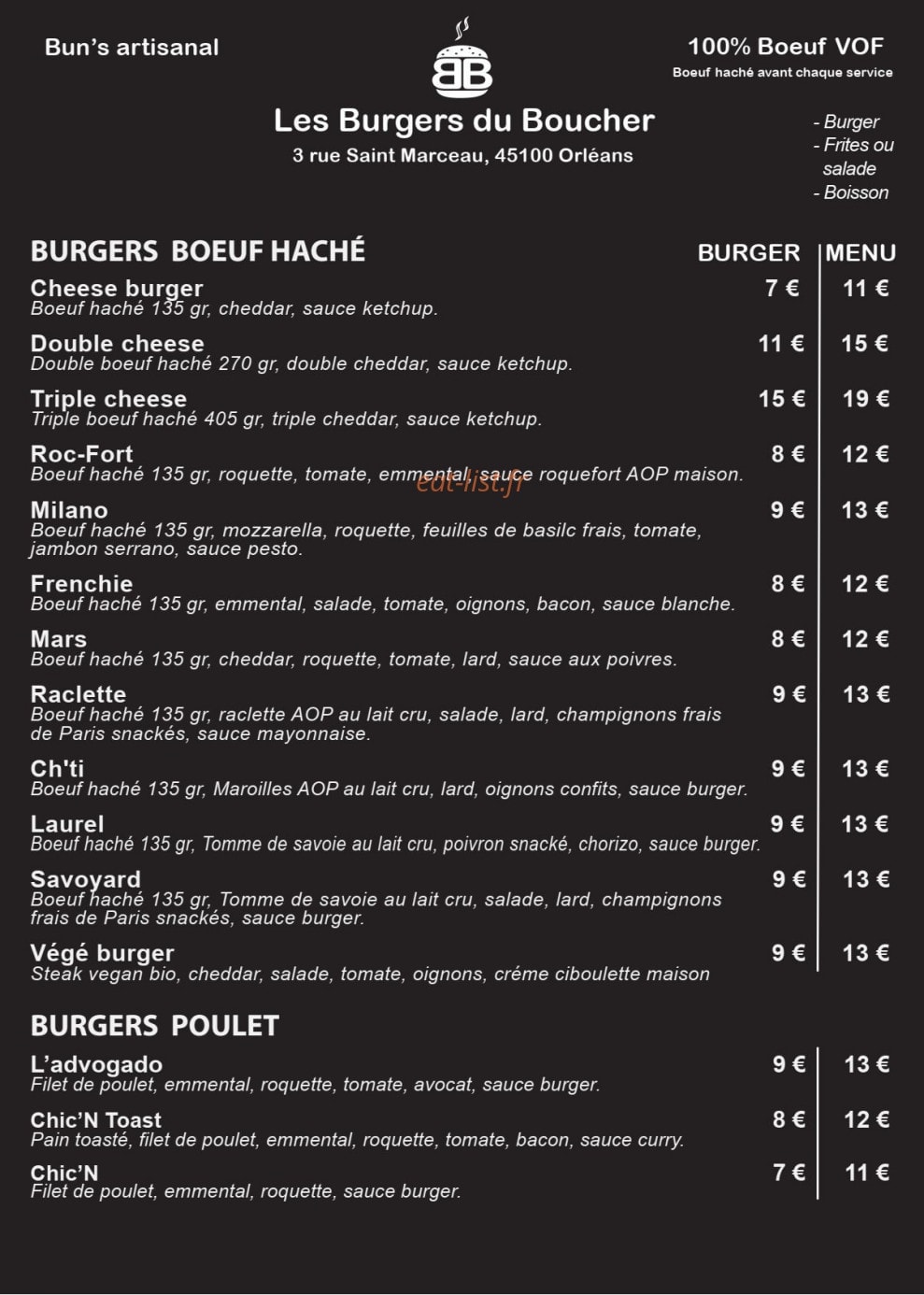 Les Burgers du boucher — carte page 1