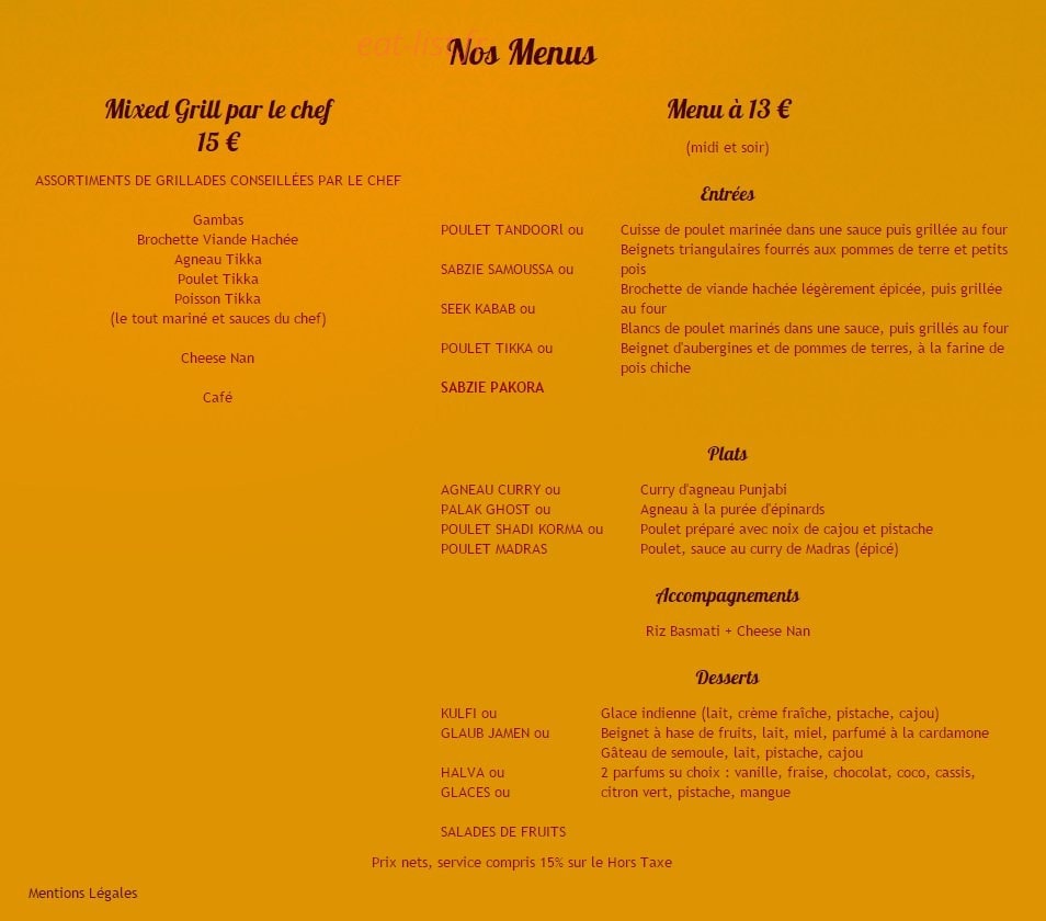 Restaurant Taj Mahal — carte page 6