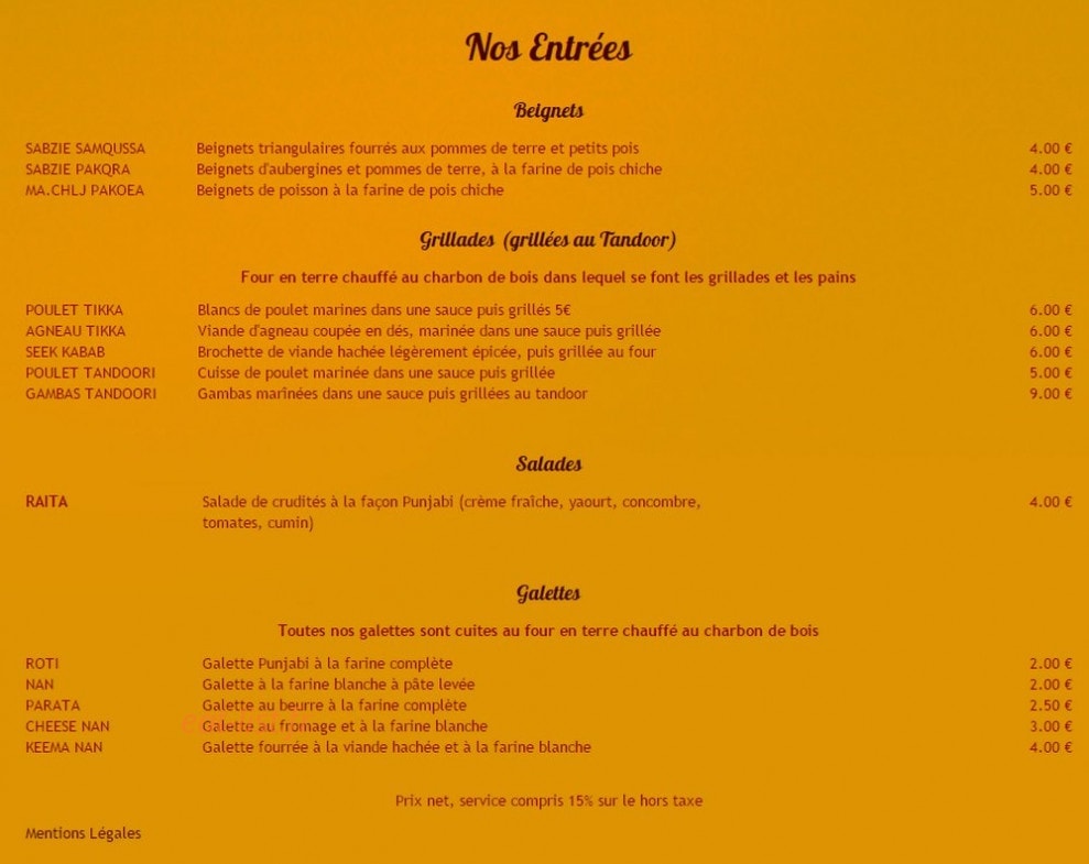 Restaurant Taj Mahal — carte page 2
