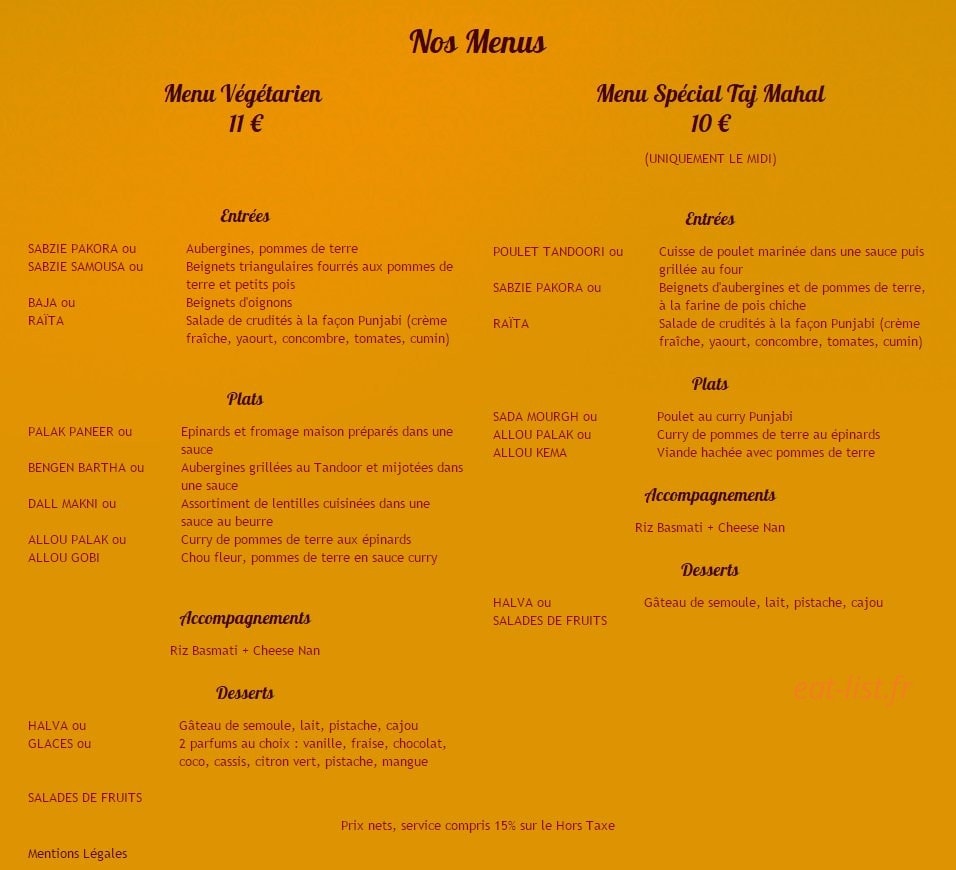 Restaurant Taj Mahal — carte page 7