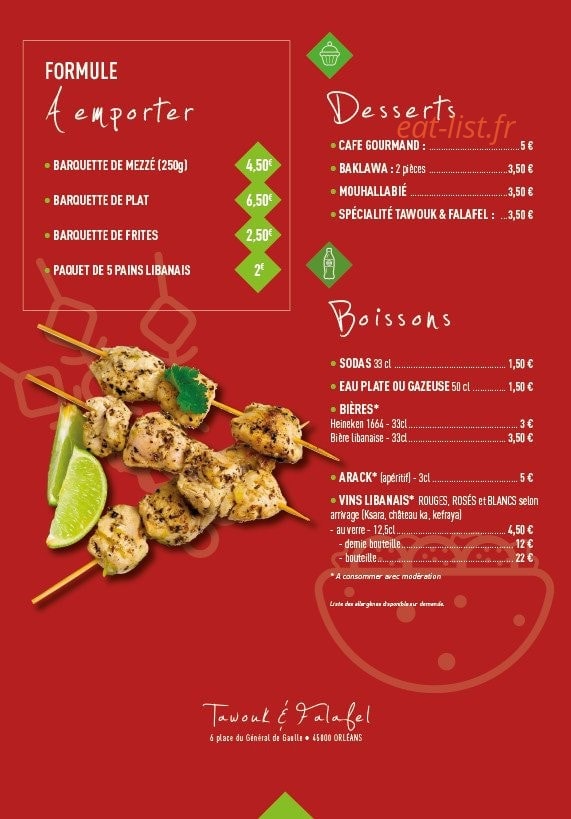 Tawouk & Falafel — carte page 1