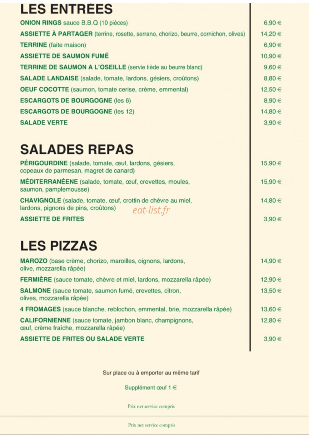 Carte et menu de La Brasserie de L'Europe à Chateauneuf sur Loire — les entrées et salades, pizzas