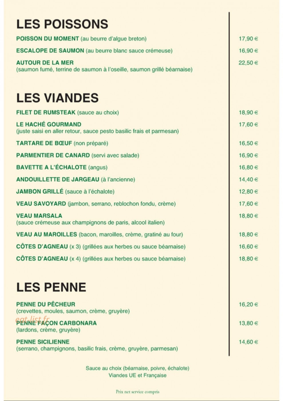Carte et menu de La Brasserie de L'Europe à Chateauneuf sur Loire — les poissons et viandes,...