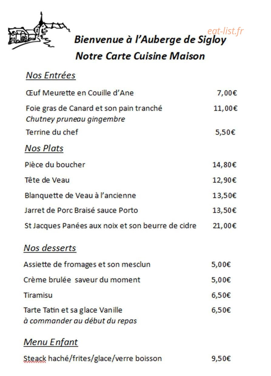 Auberge de Sigloy — carte page 1
