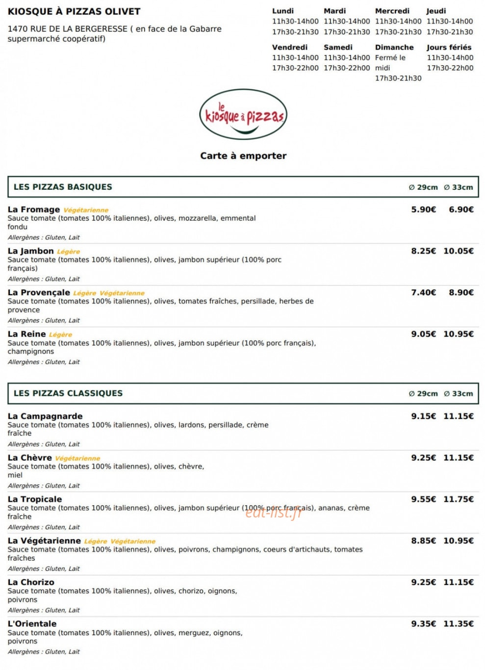 Le Kiosque à Pizzas — carte page 1