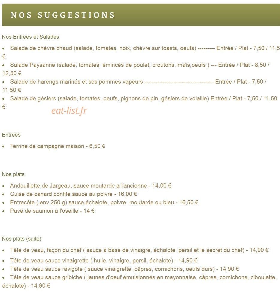 Carte et menu de A la tête de veau à Chilleurs Aux Bois — les entrées et plats,...