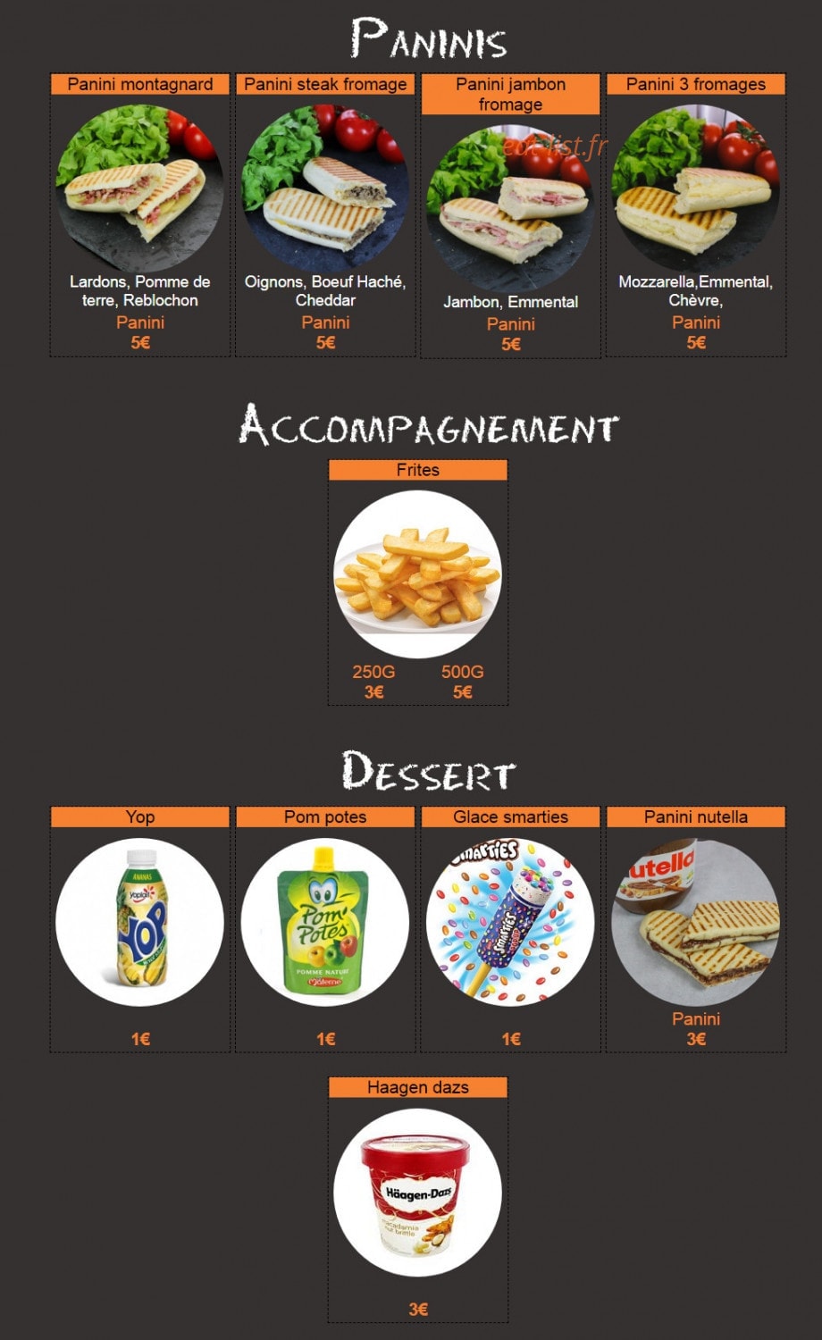 Carte et menu de Hop'la Pizza à Neuville Aux Bois — Les paninis et desserts
