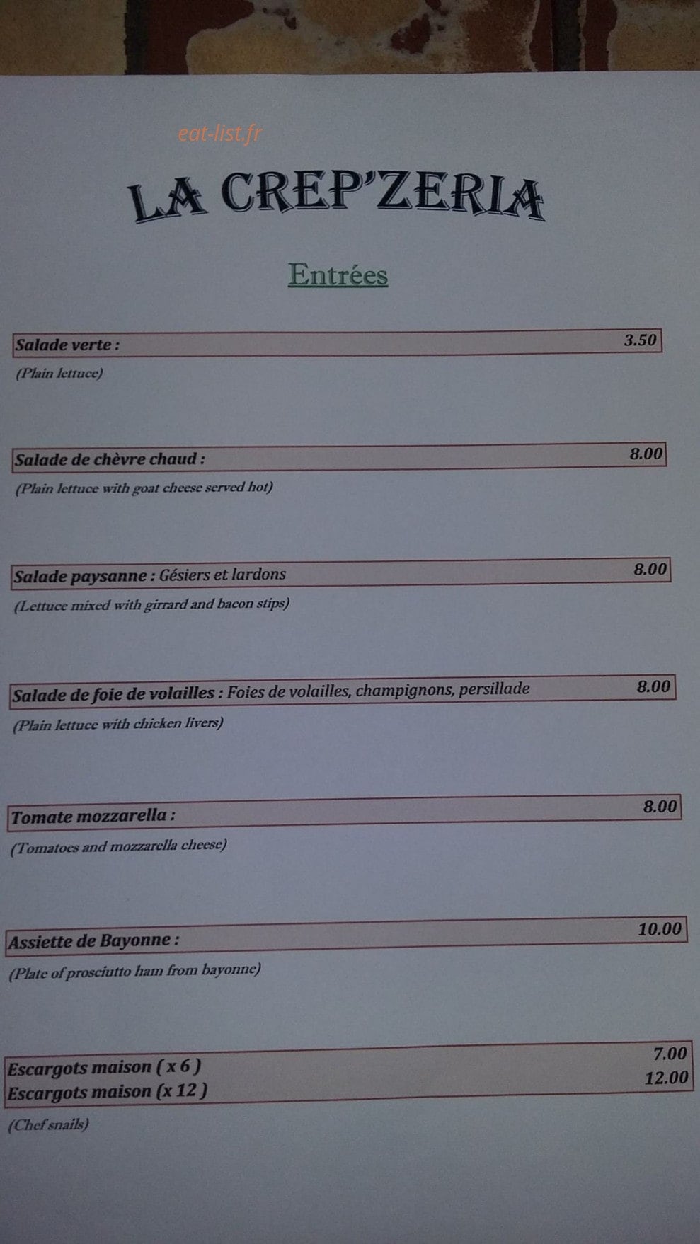 La Crep'Zeria — carte page 1