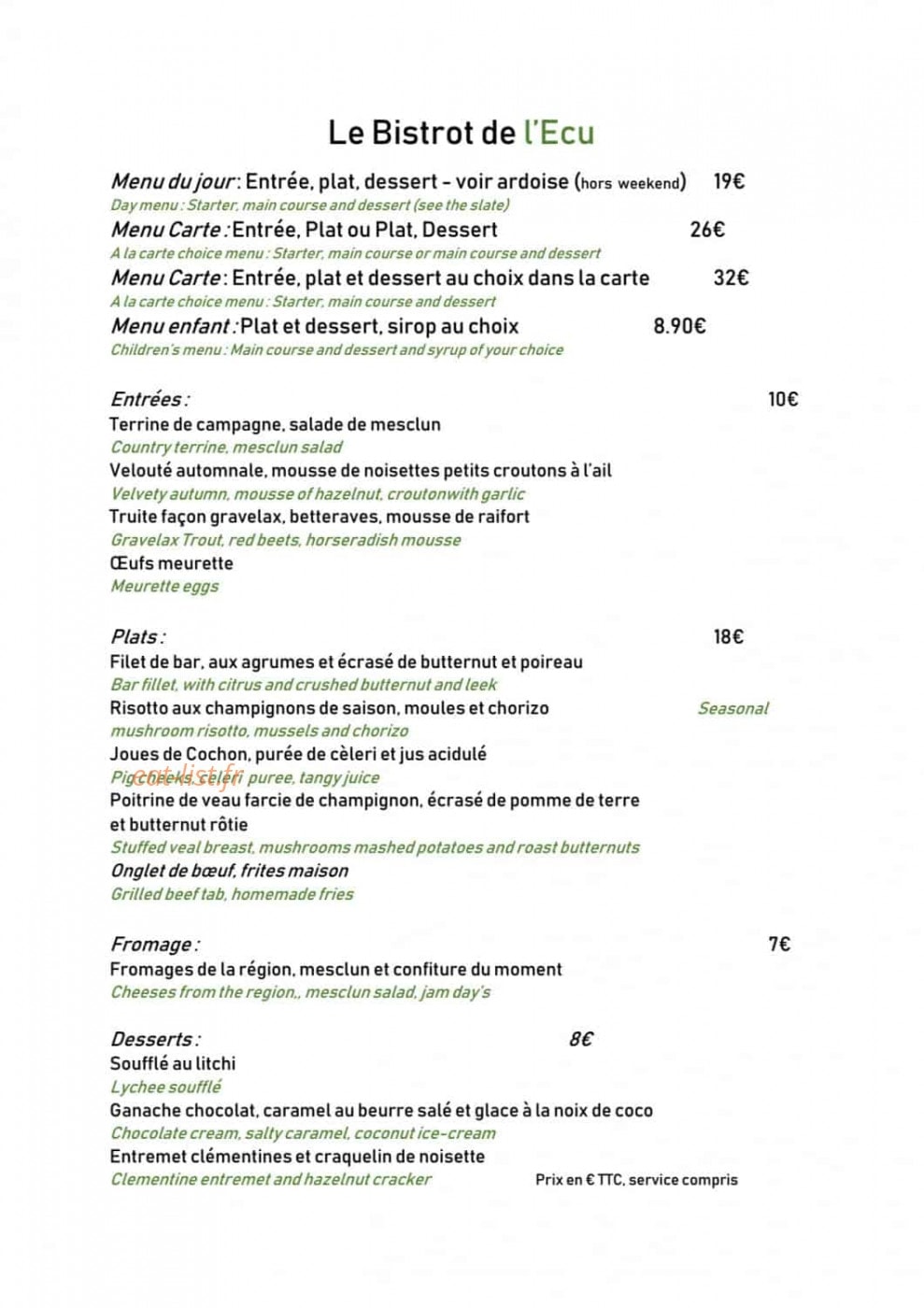 Le Bistrot de l'Ecu — carte page 1